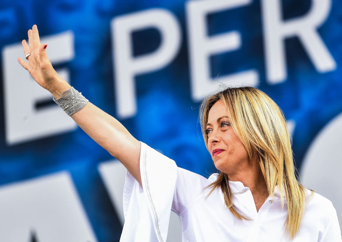 Head of the Brothers of Italy (FdI) party, Giorgia Meloni waves from the stage during a united rally of the League (Lega) party, the Brothers of Italy (FdI) party and the Forza Italia (FI) party for a protest against the government on July 4, 2020 on Piazza del Popolo in Rome, as the country eases its lockdown aimed at curbing the spread of the COVID-19 infection, caused by the novel coronavirus. (Photo by Tiziana FABI / AFP) (Photo by TIZIANA FABI/AFP via Getty Images)
