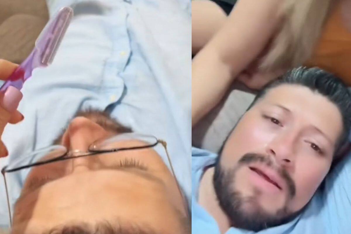 Finge cortar las cejas con un filtro y se hace viral la reacción de su esposo