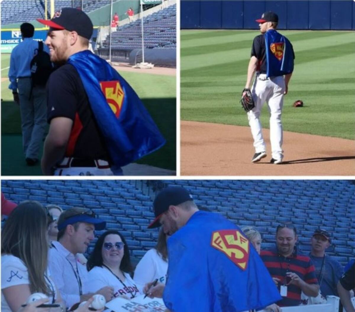 Freddie Freeman utilizó una capa de Superman mientras firmaba autógrafos.