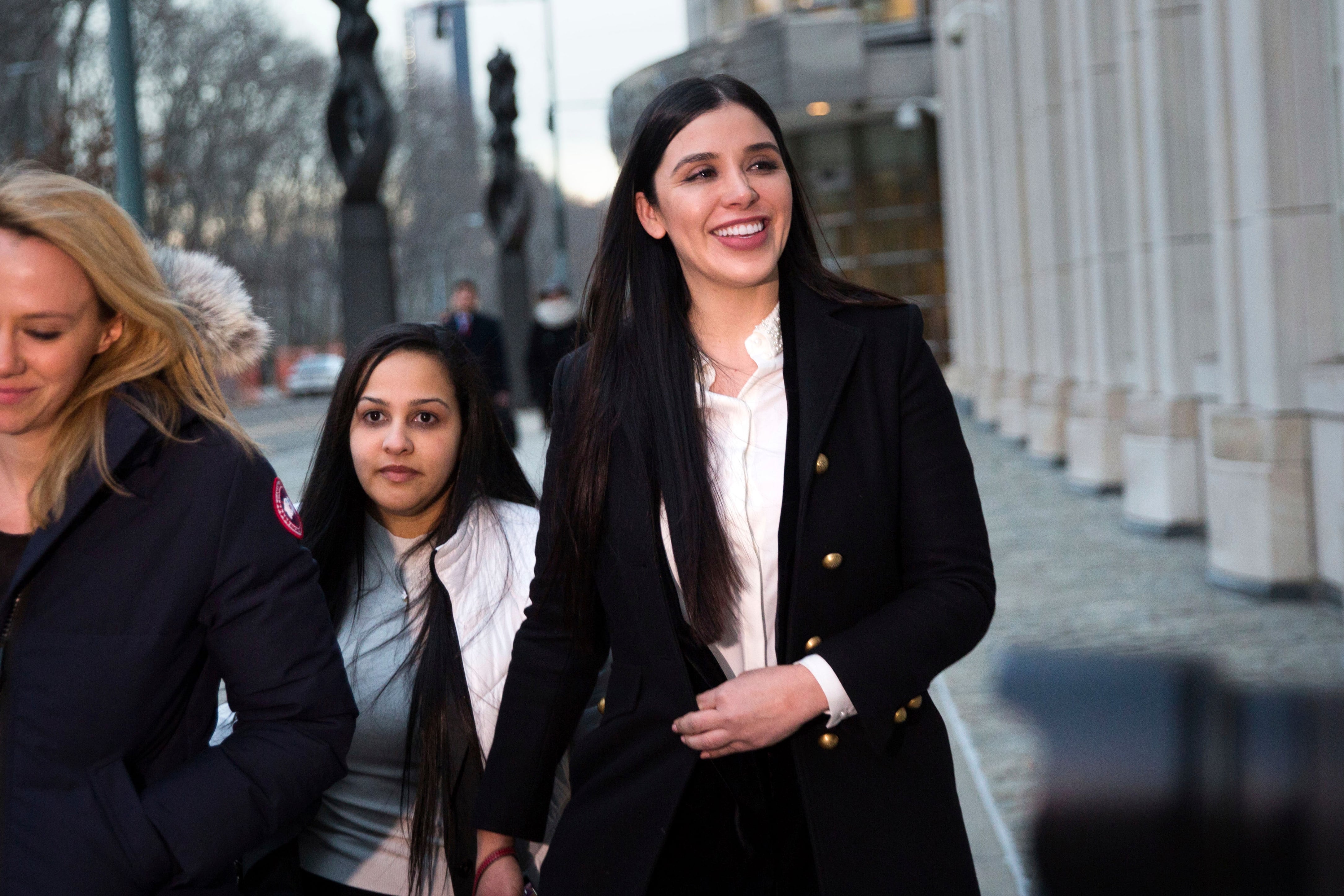 Emma Coronel Aispuro leaves Brooklyn federal court, Thursday, Jan. 17, 2019 in New York, after attending the trial of her husband Joaquin