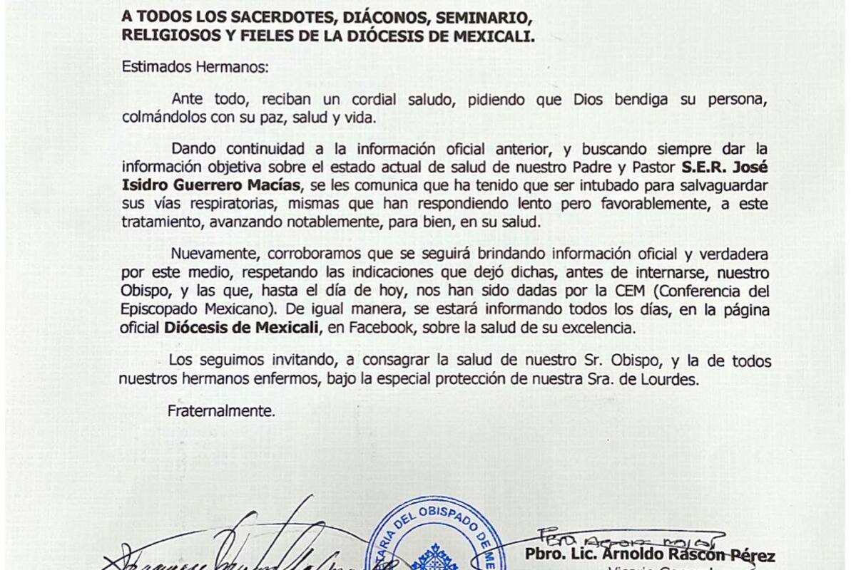 Confirma Diócesis de Mexicali que Obispo se encuentra intubado