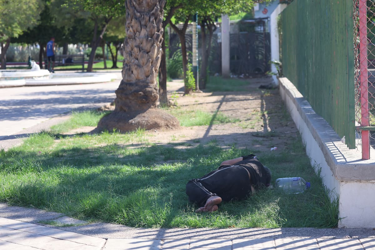 Una persona en situación de calle descansa sobre el pasto de un parque; en Hermosillo existen programas de apoyo para quienes necesitan alojamiento y alimentación.