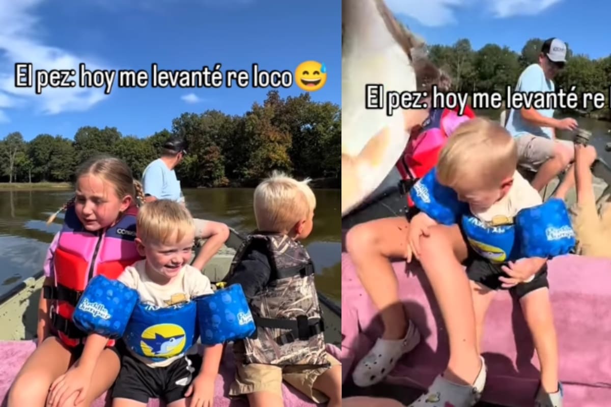 Un pescado salta sobre unos niños mientras iban en un bote con su padre