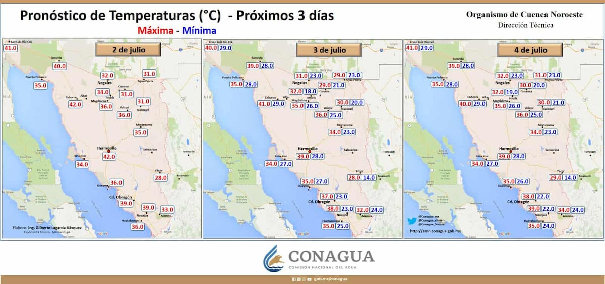 Pronóstico de temperaturas en Sonora por región para los siguientes tres días.