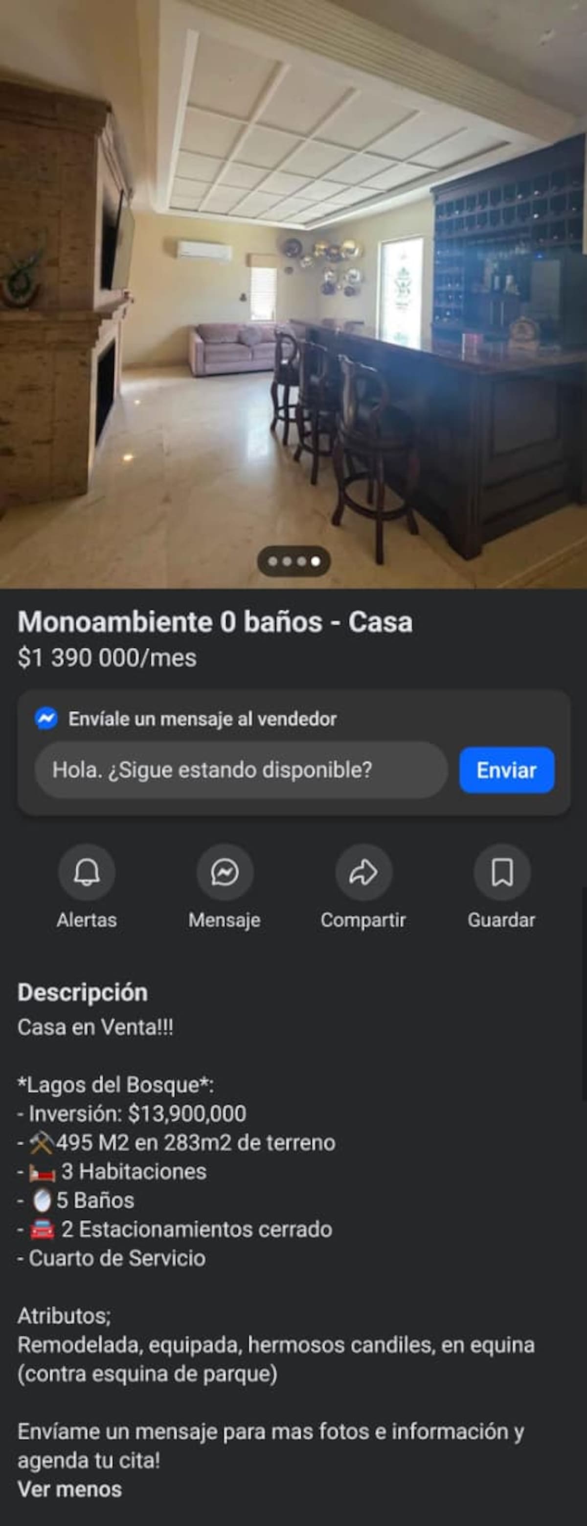 Este es el anuncio en Facebook Marketplace de la casa de Karina "N", funcionaria de Monterrey que enfrenta proceso legal por presunta extorsión. | Especial GH