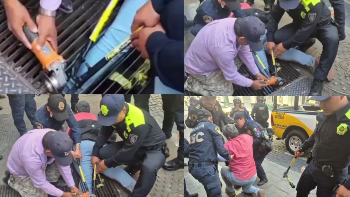 Mujer sufre desafortunada caída y queda con un pie atorado en rejilla metálica; es rescatada gracias a la intervención de un civil que portaba un esmeril y a la coordinación de policías de la CDMX