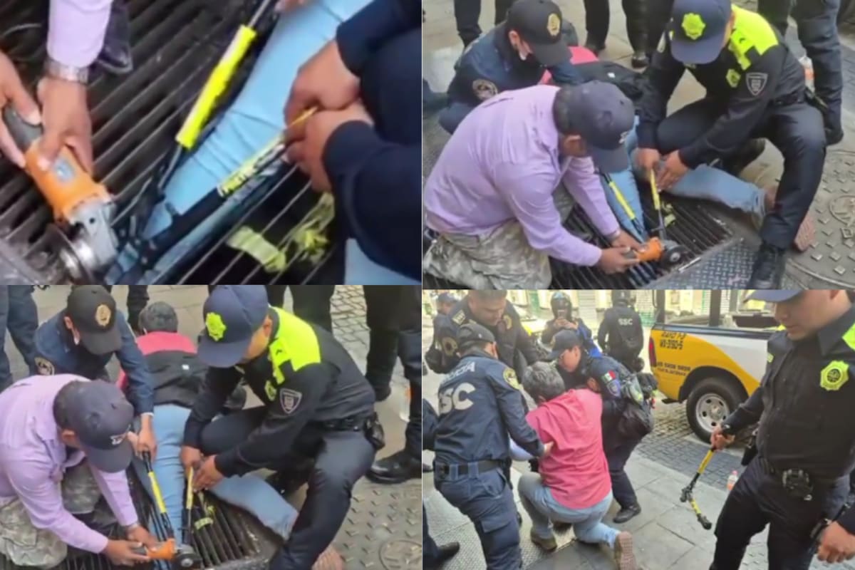 Mujer sufre desafortunada caída y queda con un pie atorado en rejilla metálica; es rescatada gracias a la intervención de un civil que portaba un esmeril y a la coordinación de policías de la CDMX