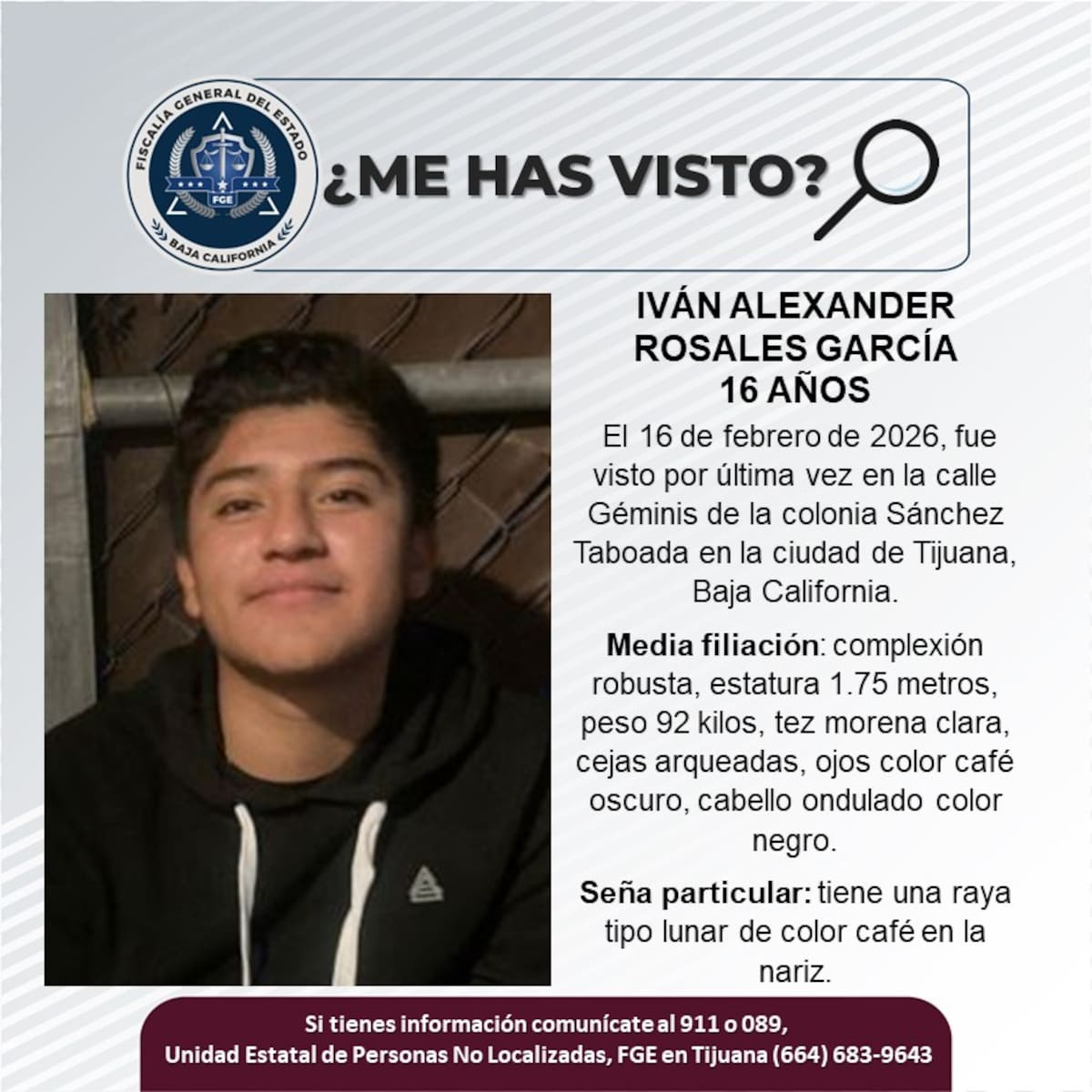 Fue visto por última vez el 16 de febrero de 2026.