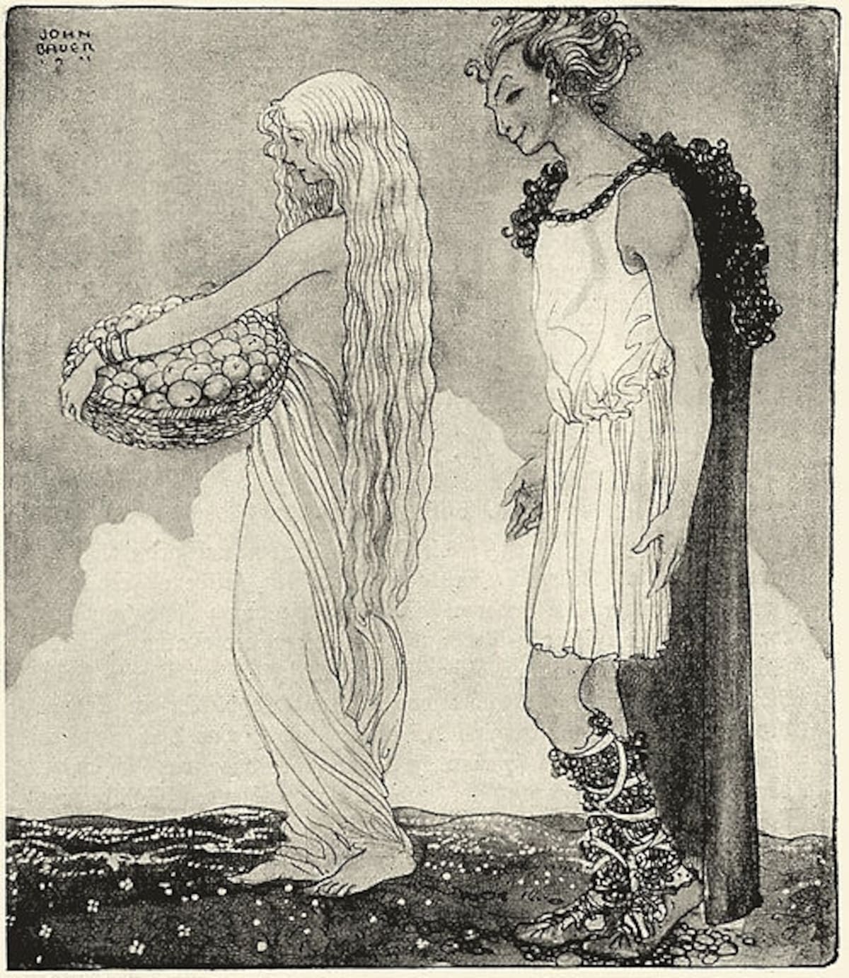 Idunn y Loki aparecen en una ilustración realizada por el artista sueco John Bauer en 1911. | Crédito: Wikimedia Commons / Dominio público