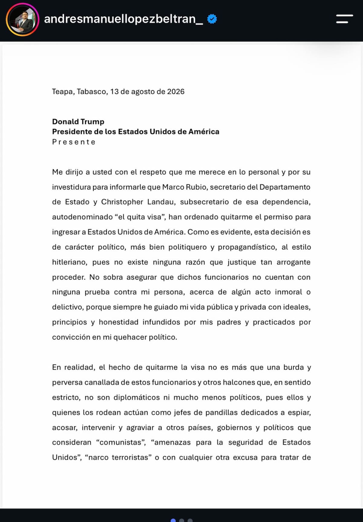 Carta de López Beltrán a Donald Trump.