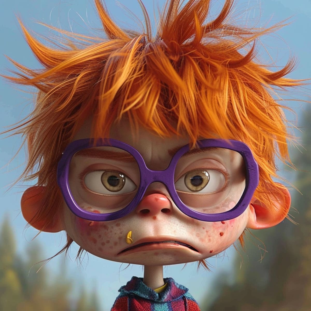 La inteligencia artificial de Midjourney ha creado una representación sorprendente de Carlitos de los Rugrats, visualizándolo como un niño pelirrojo con unos grandes anteojos de tono morado.