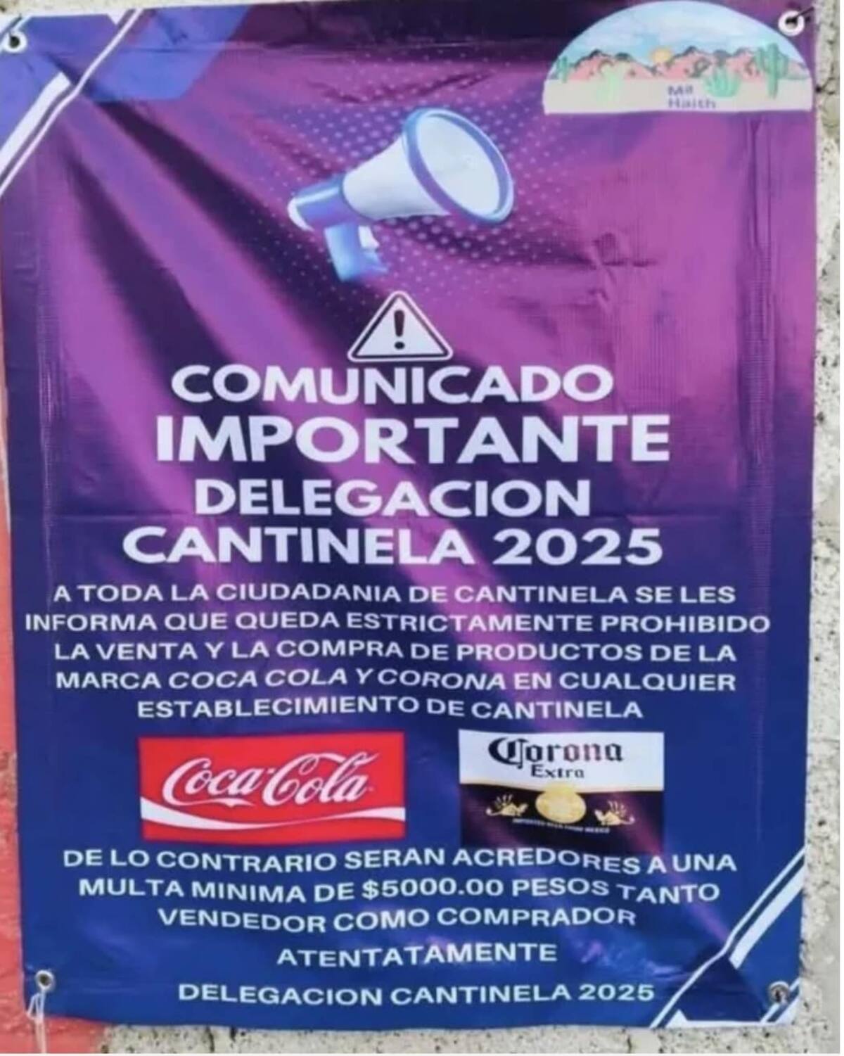 La imagen viral muestra un anuncio presuntamente colocado por autoridades locales que informa sobre la prohibición de la venta y compra de estos productos. El mensaje establece que quienes incumplan la disposición podrían recibir una multa de hasta cinco mil pesos. Foto: Tomada de Facebook
