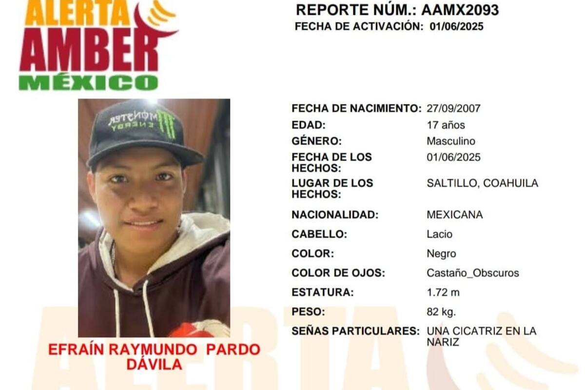 Activan Alerta Amber por Efraín Raymundo Pardo Dávila de 17 años