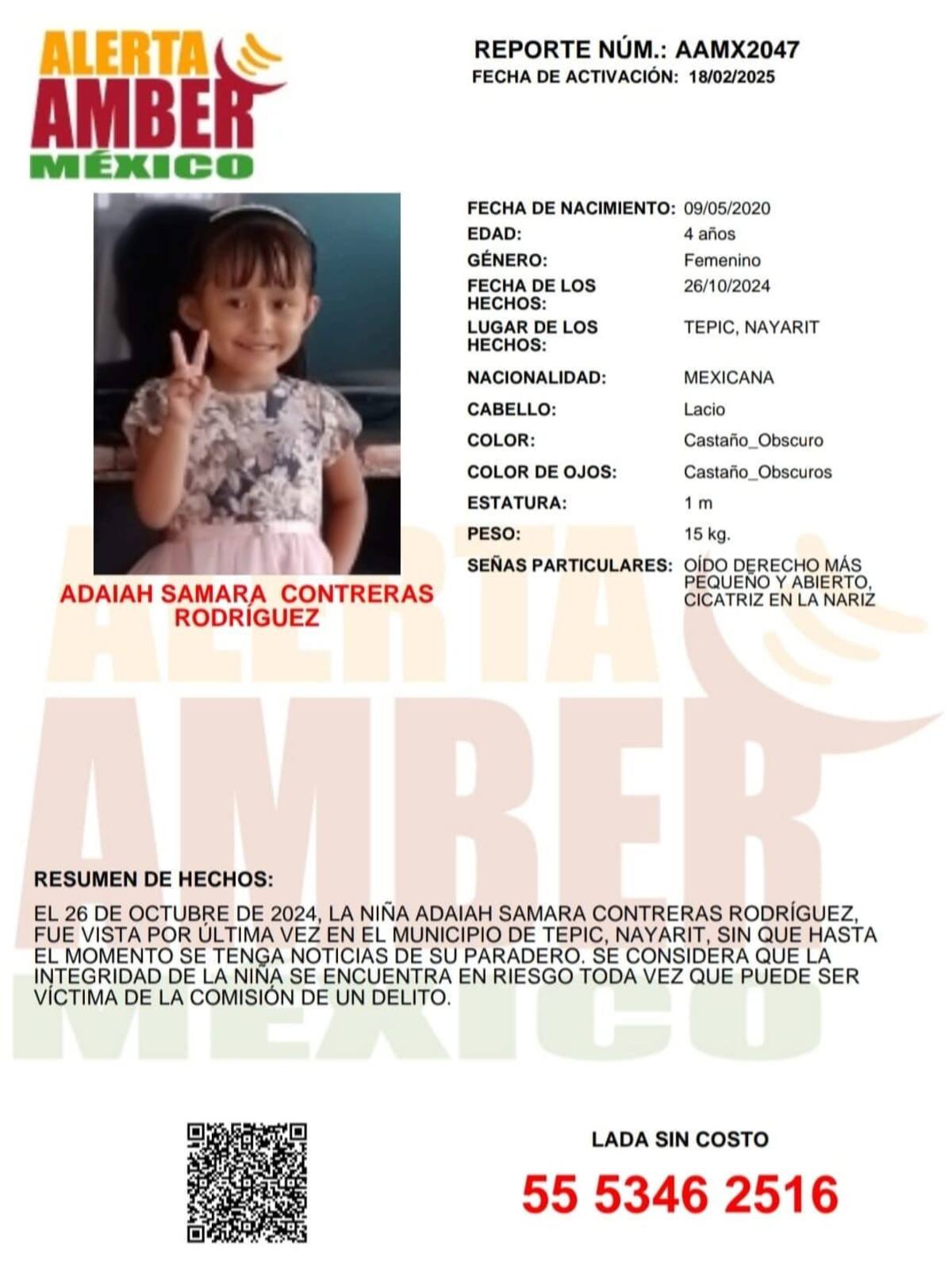 Adaiah Samara Contreras Rodríguez fue vista por última vez el 26 de octubre de 2024.