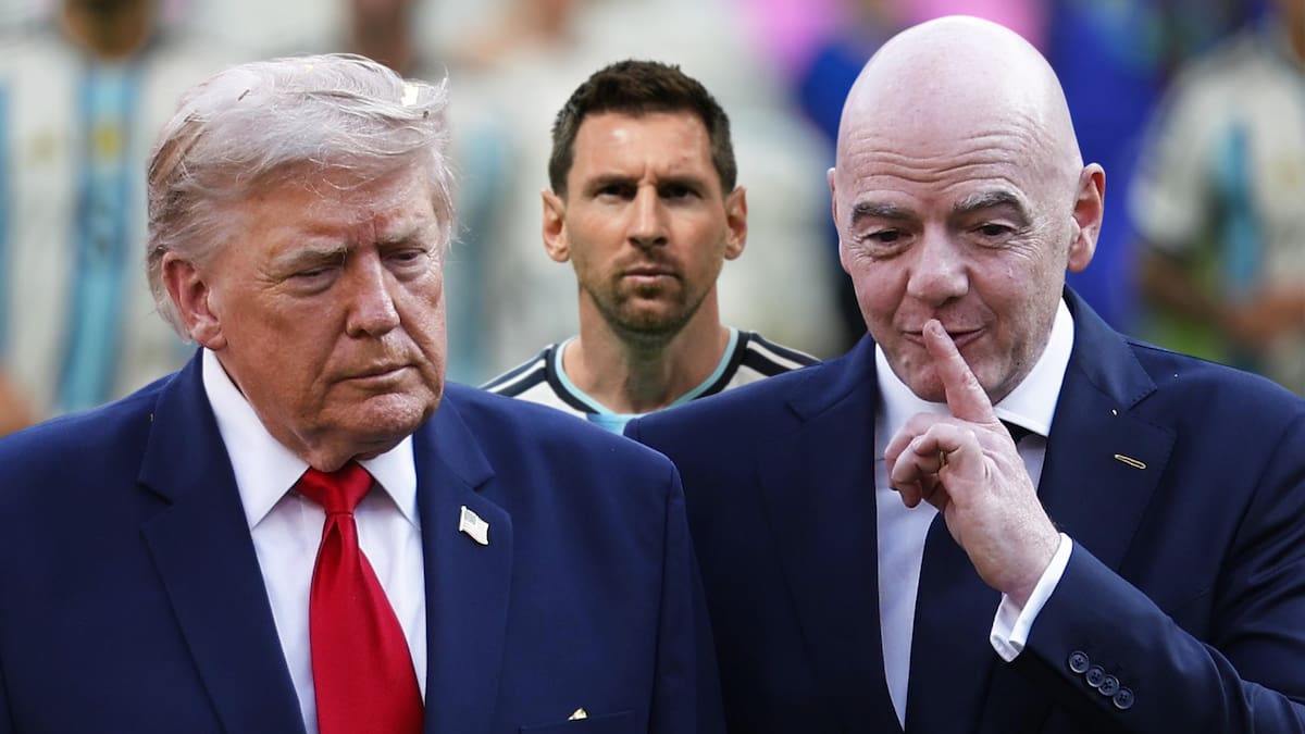 Donald Trump, Lionel Messi y Gianni Infantino, protagonistas de los vínculos políticos, comerciales y deportivos examinados en esta investigación. La imagen es un fotomontaje elaborado a partir de dos fotografías tomadas durante la final del Mundial 2026. (Fotografías: EFE | Fotomontaje: Especial GH)