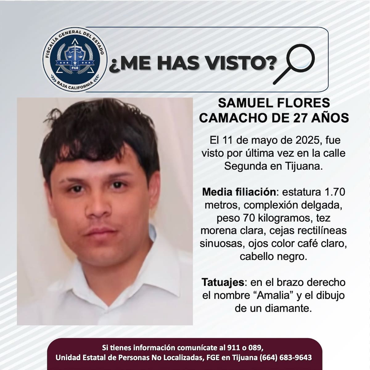 Samuel Flores Camacho fue visto por última vez el 11 de mayo de 2025.