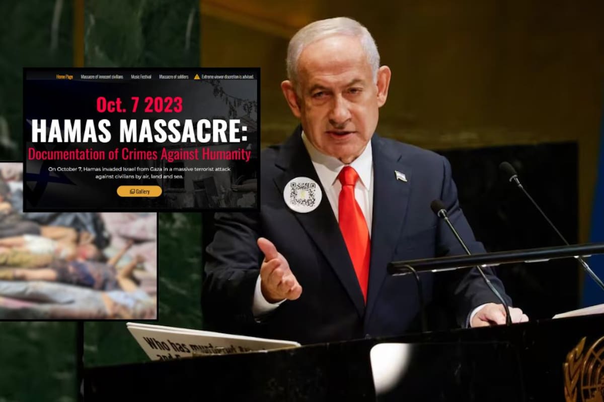 Netanyahu lleva un código QR a la ONU con imágenes gráficas de la masacre del 7 de octubre con contenido explícito de violencia