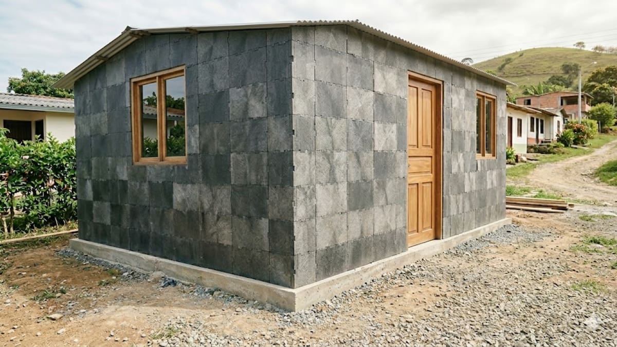 Los bloques de plástico reciclado se ensamblan como un sistema modular y permiten acelerar la construcción de viviendas pequeñas.