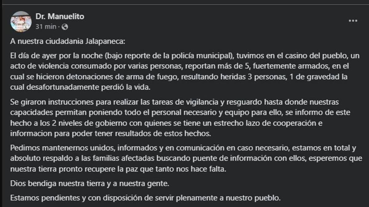 Comunicado del alcalde de Jalapa, José Manuel Pérez (Facebook)