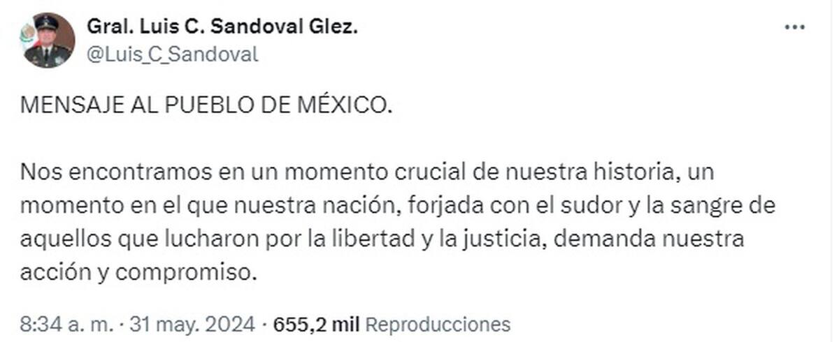 El mensaje apareció en una cuenta que ya no pertenece al general Luis Cresencio Sandoval, titular de Sedena.