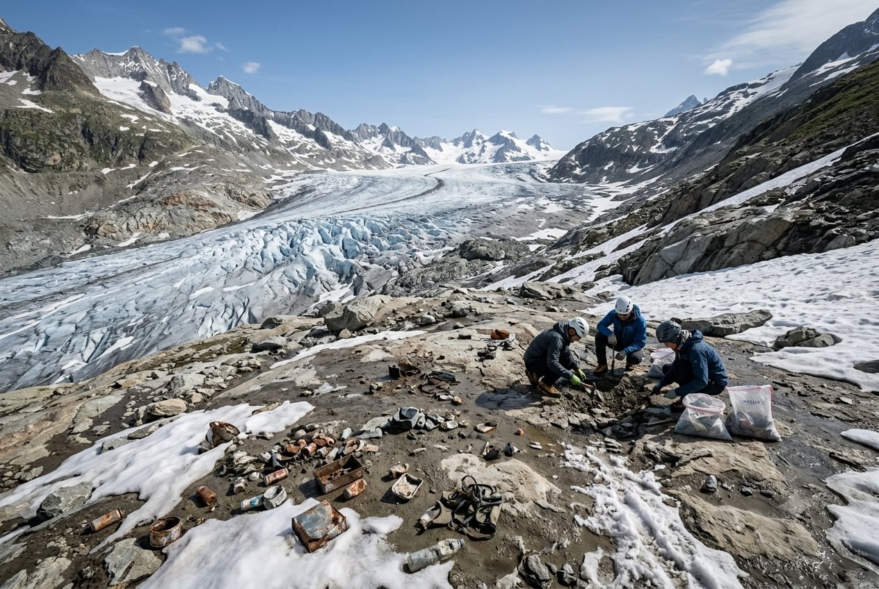 Equipos de limpieza retiraron latas de aluminio y otros desechos encontrados en zonas expuestas por el retroceso del glaciar. Fotografía Ilustrativa (Gemini)