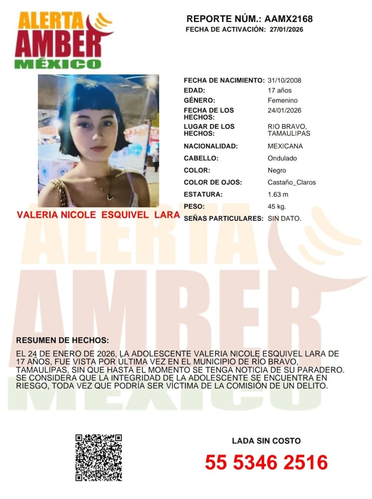 Fue vista por última vez el 24 de enero de 2026 en el municipio de Río Bravo, Tamaulipas.