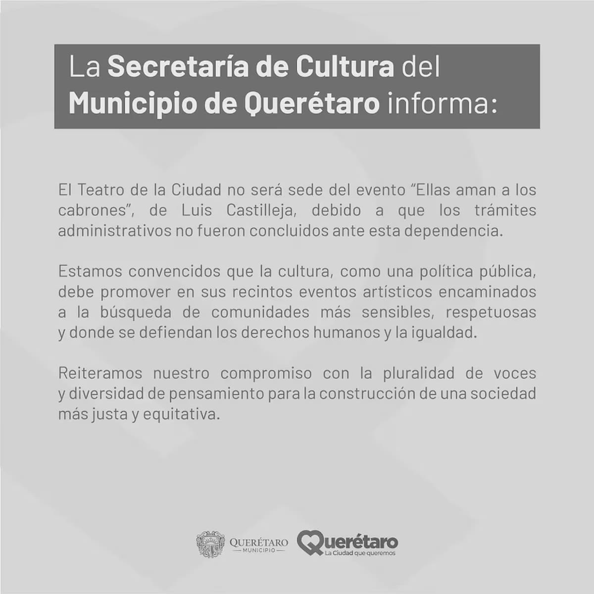 Comunicado de la Secretaría de Cultura del municipio de Querétaro.