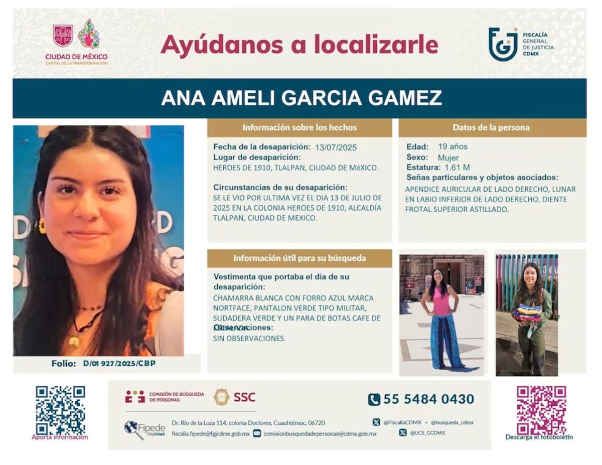 Ficha de búsqueda de Ana Ameli. | FISCALÍA DE CIUDAD DE MÉXICO