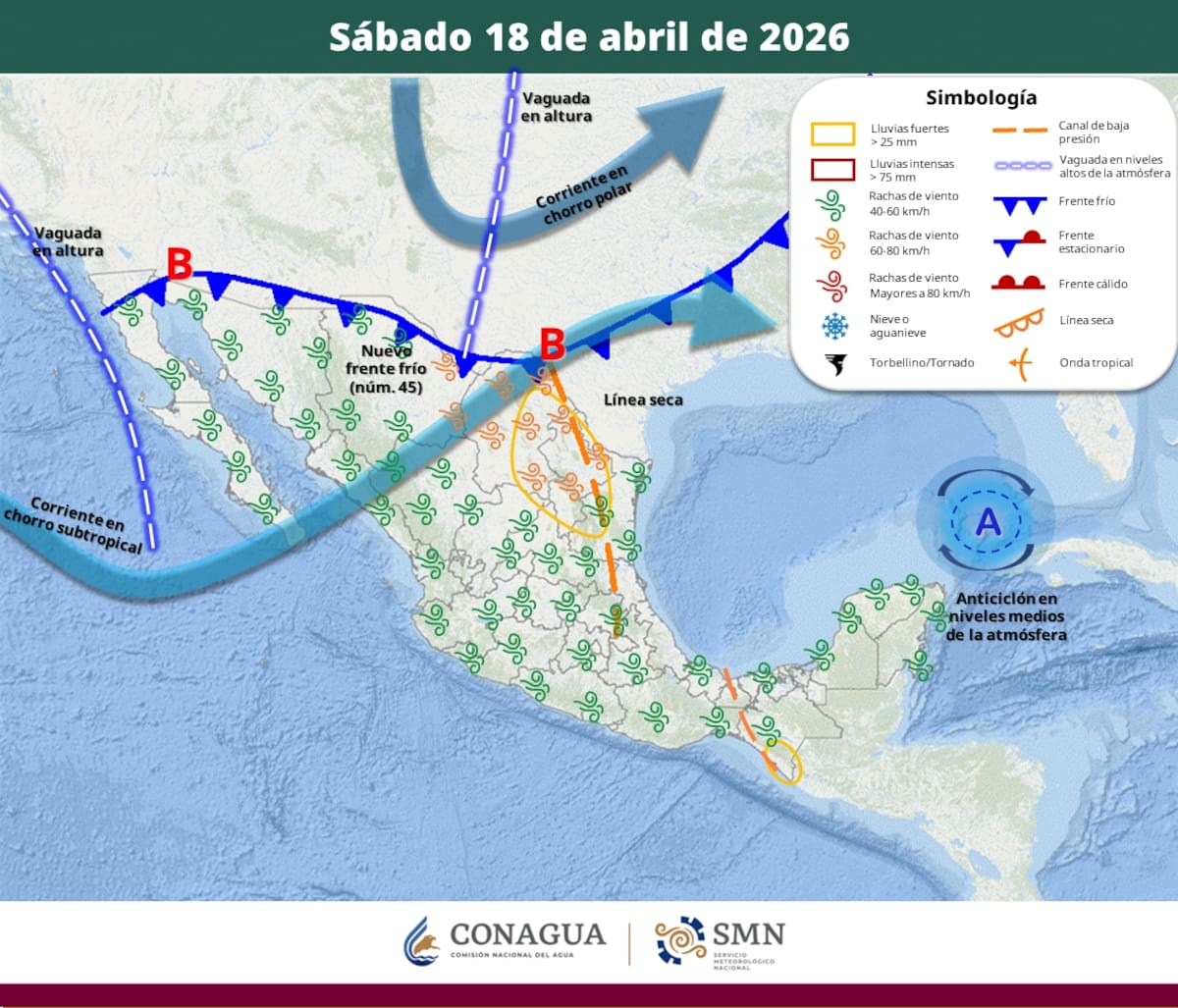 Pronóstico del clima para el sábado 18 de abril del 2026. | Crédito: SMN