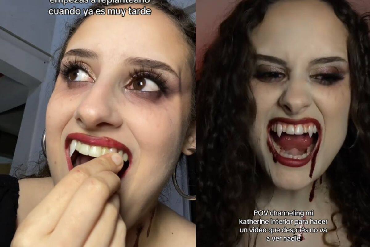 Mujer se pega el colmillo de su disfraz con pegamento de uñas y se viraliza en Tiktok