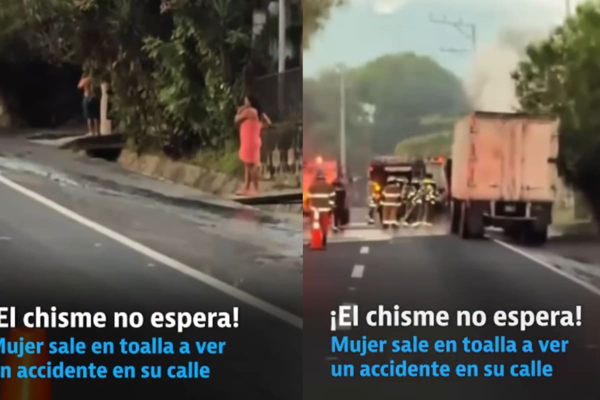 Mujer sale de su casa envuelta en una toalla para no perderse el chisme y se vuelve viral
