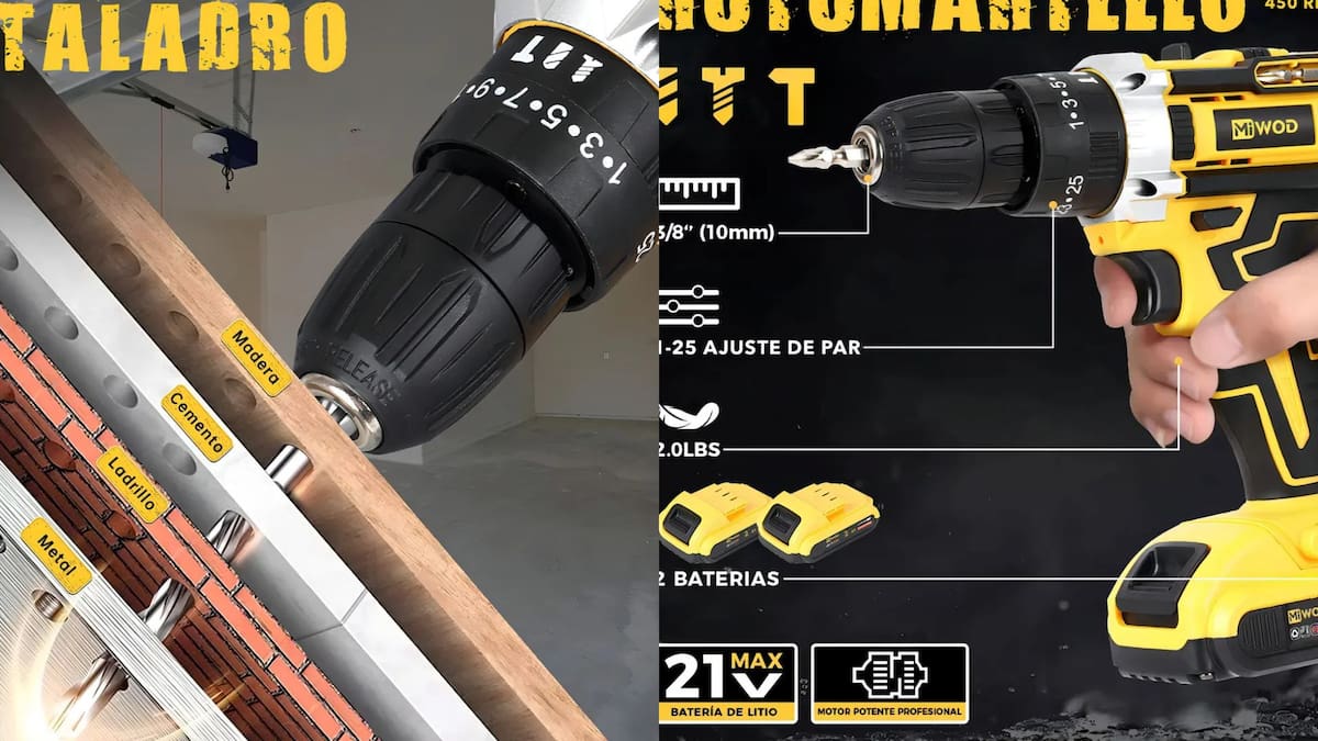 El taladro rotomartillo Miwod de 21V cae a 378 pesos en Mercado Libre tras un descuento del 54%, ofreciendo un kit de 31 piezas y doble batería para perforar concreto y madera en el hogar