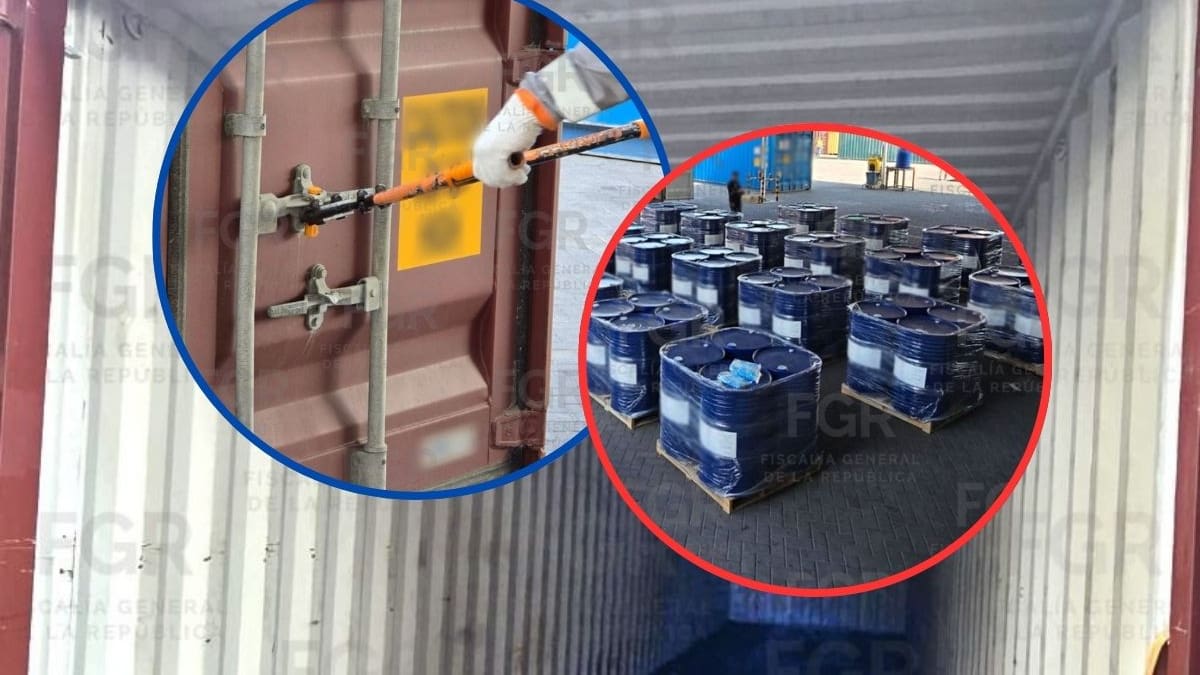 Aseguran 240 tambos con 54 mil 960 litros de alcohol bencílico en puerto de Manzanillo; el químico se usa en la fase final de producción de metanfetamina y fentanilo