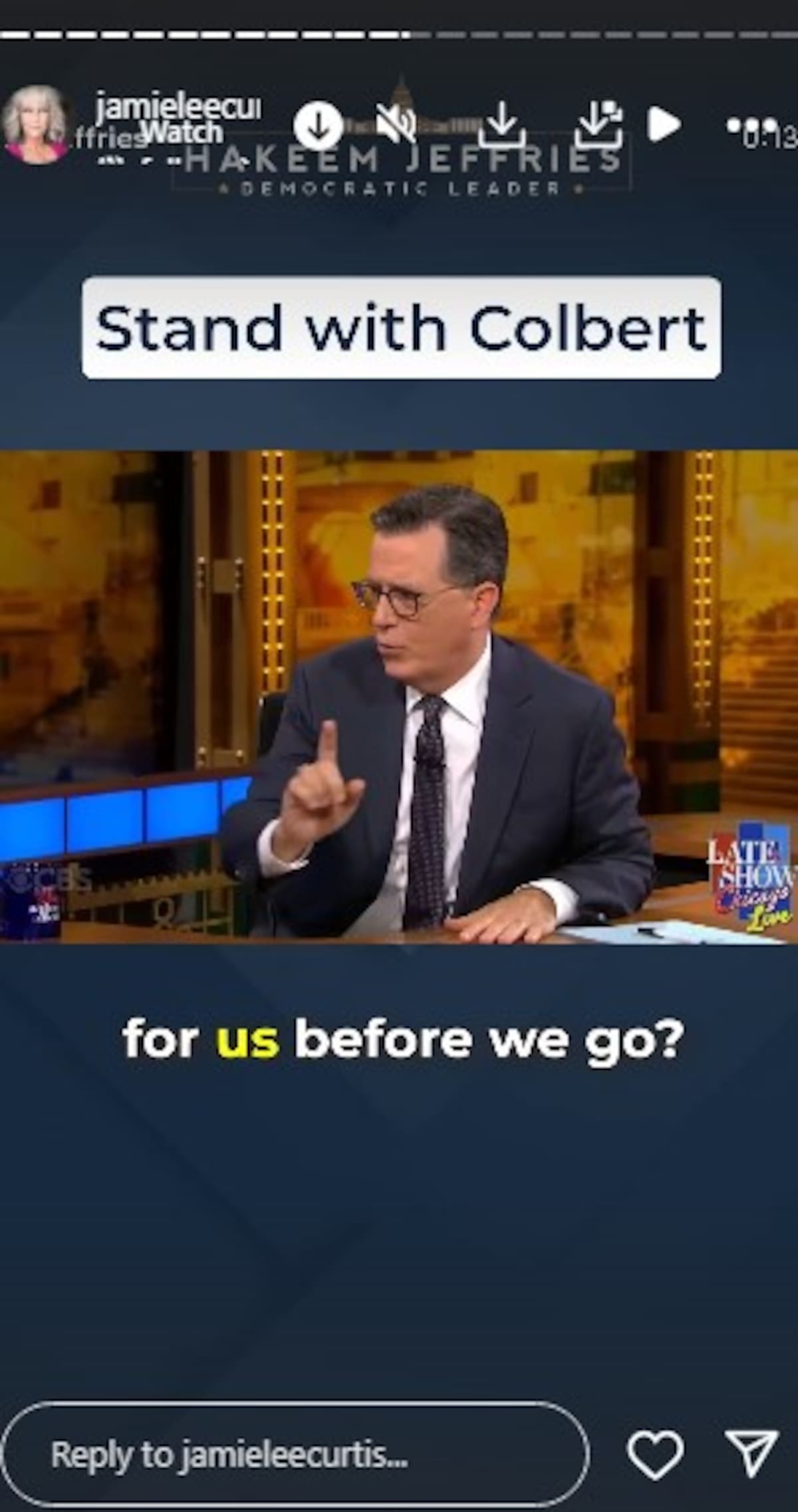 Jamie Lee Curtis muestra su apoyo a Stephen Colbert / Instagram @jamieleecurtis