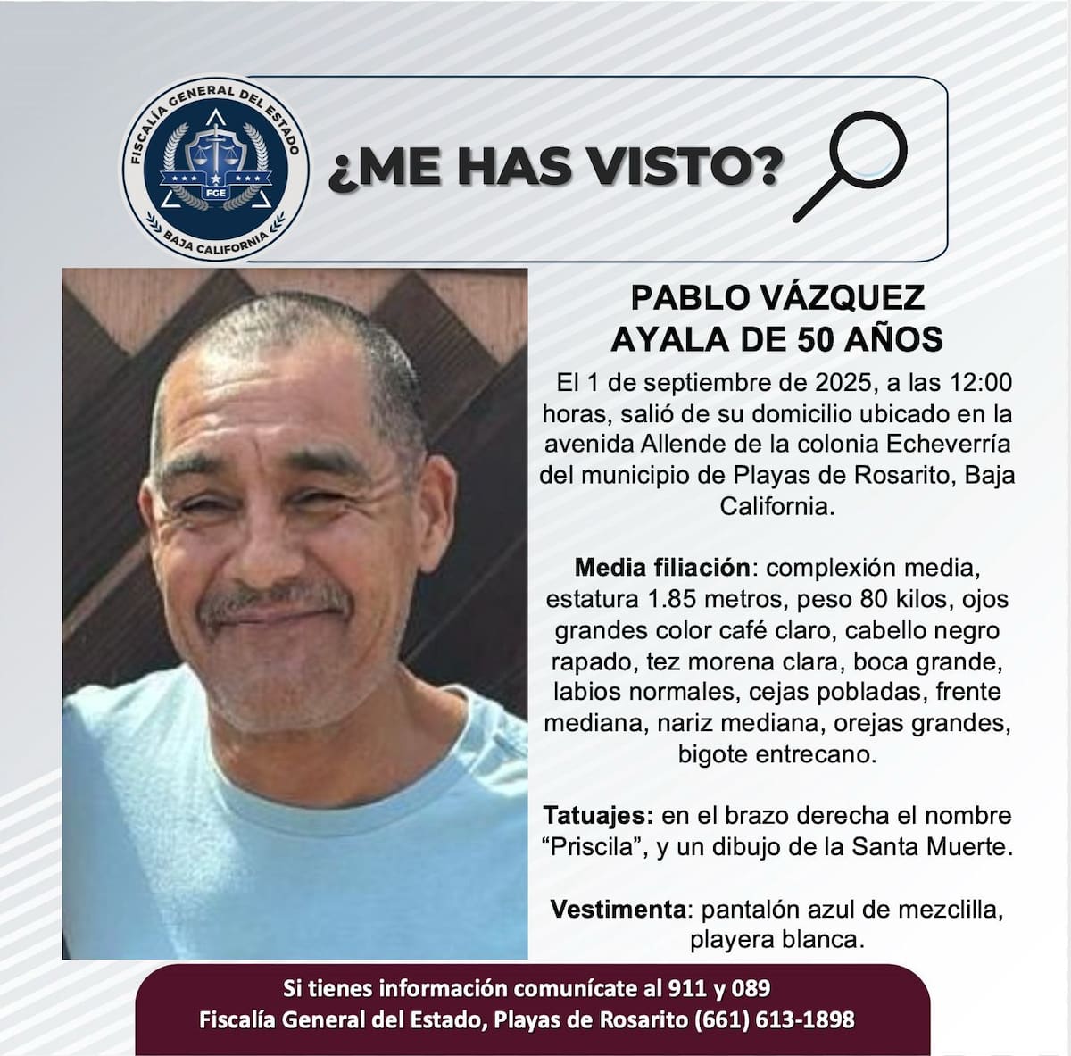 Fue visto por última vez 1 de septiembre de 2025.