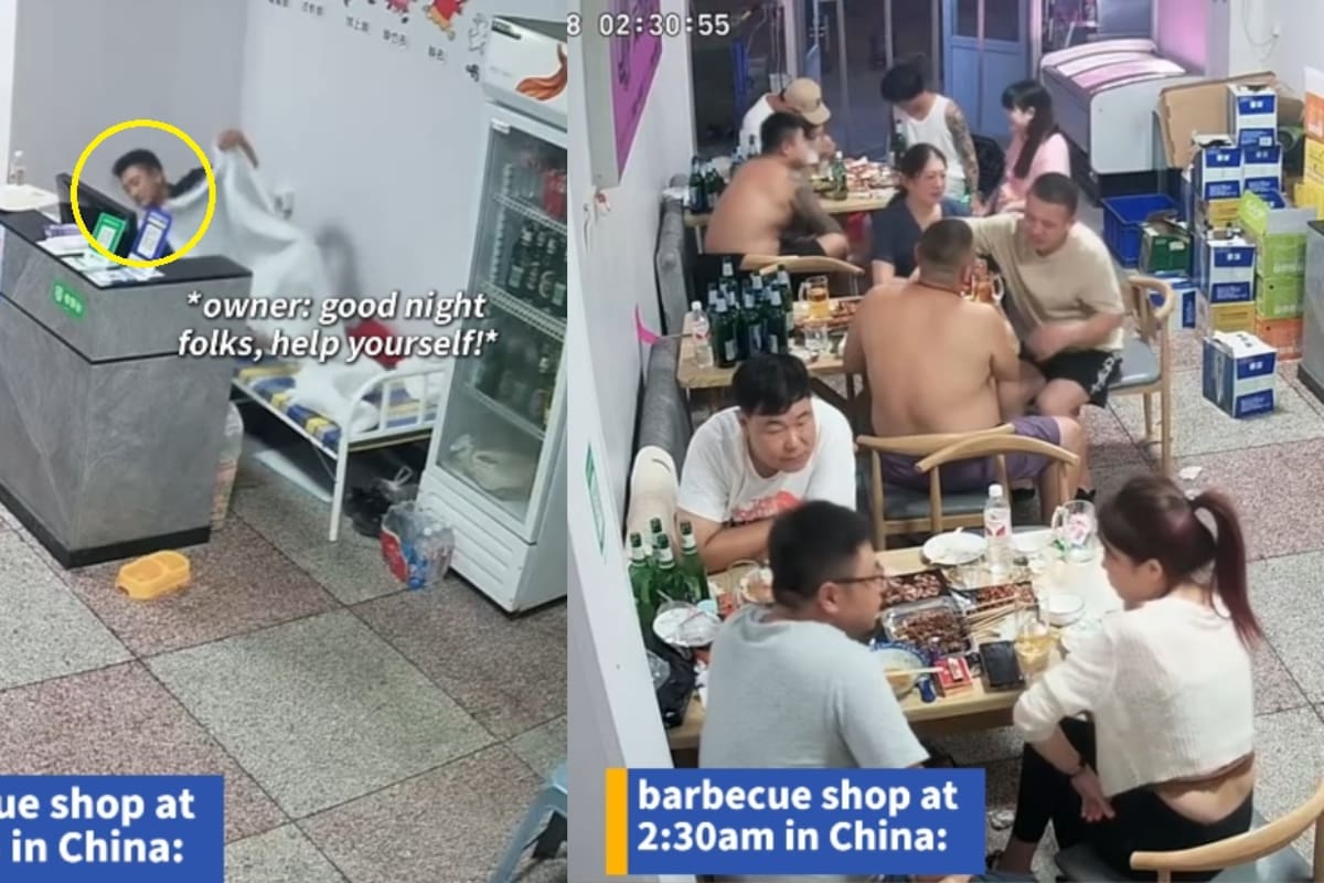 Cuando el descanso no espera: dueño de restaurante en Asia se duerme con el local lleno