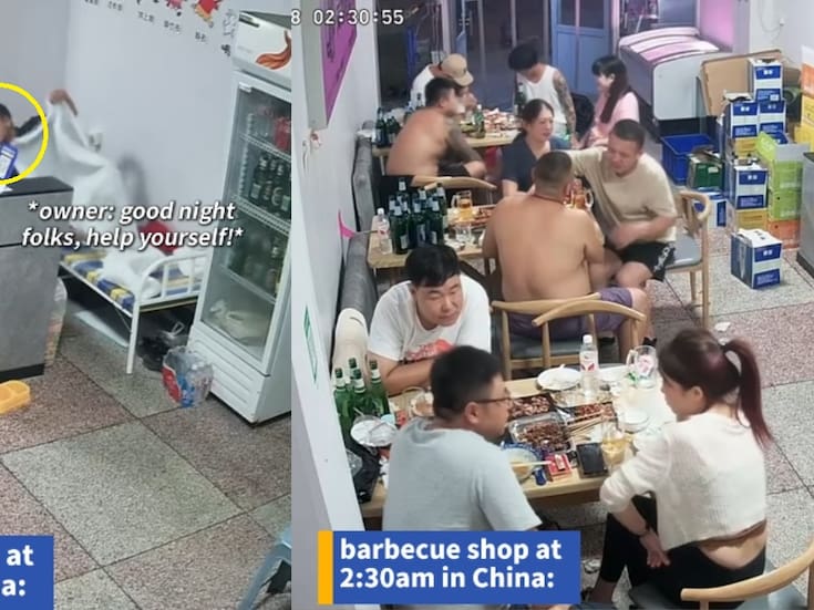 Cuando el descanso no espera: dueño de restaurante en Asia se duerme con el local lleno