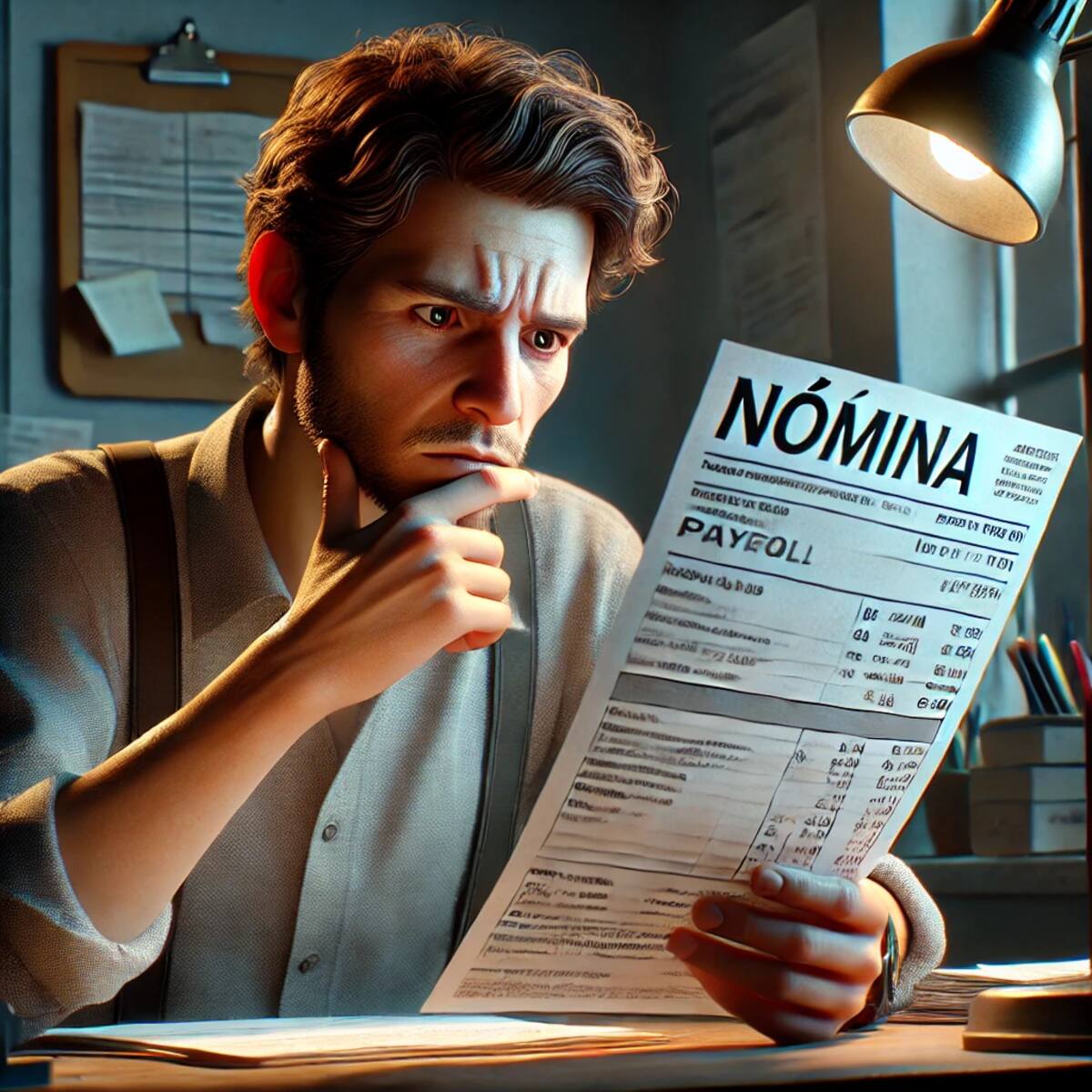 Imagen ilustrativa de una persona confundida al ver su nómina hecha con IA (Chatgpt).