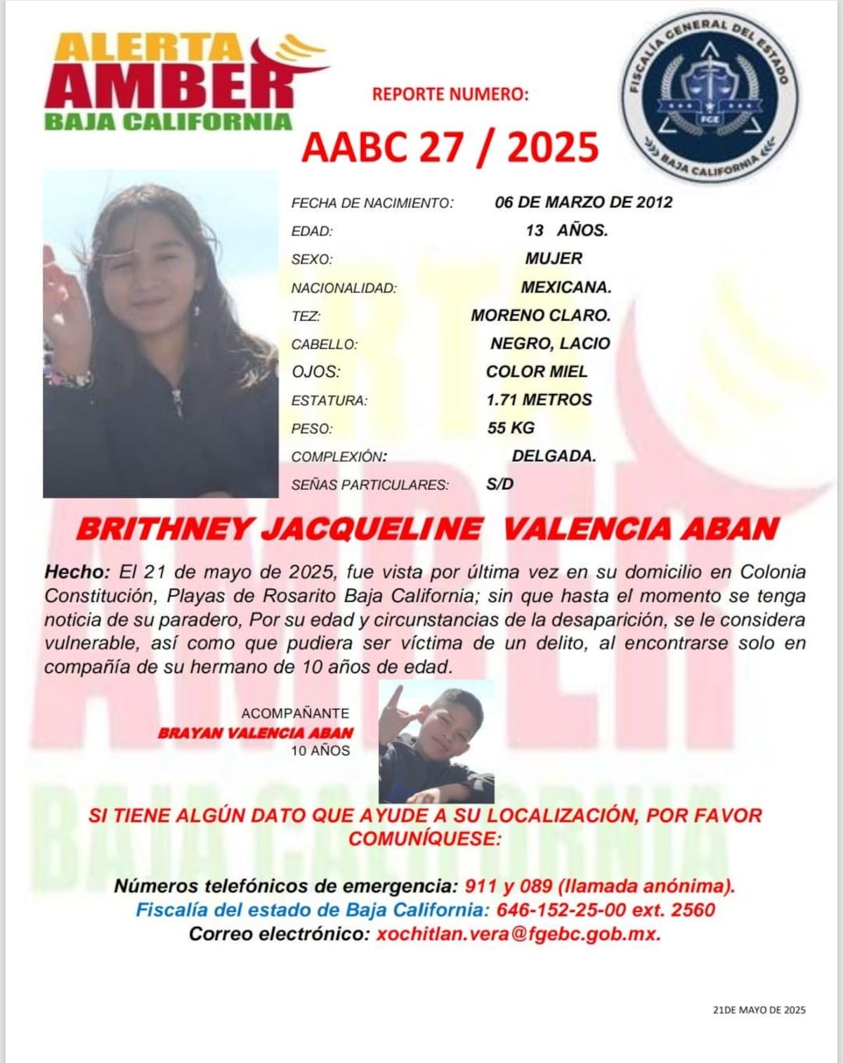 Alerta Amber de Brithney Jacqueline, de 13 años.