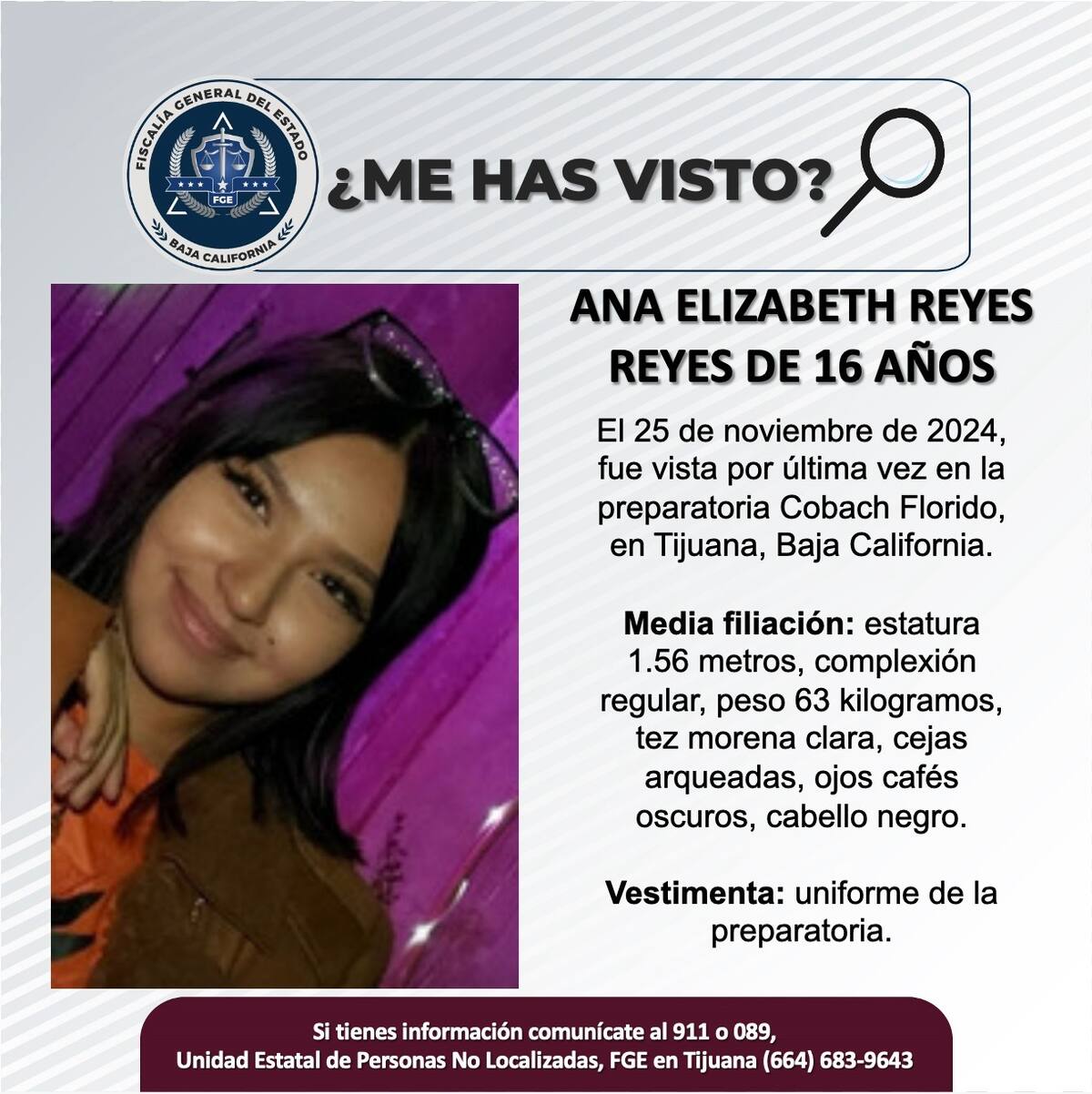Ana Elizabeth Reyes Reyes fue vista por última vez el 25 de noviembre de 2024.