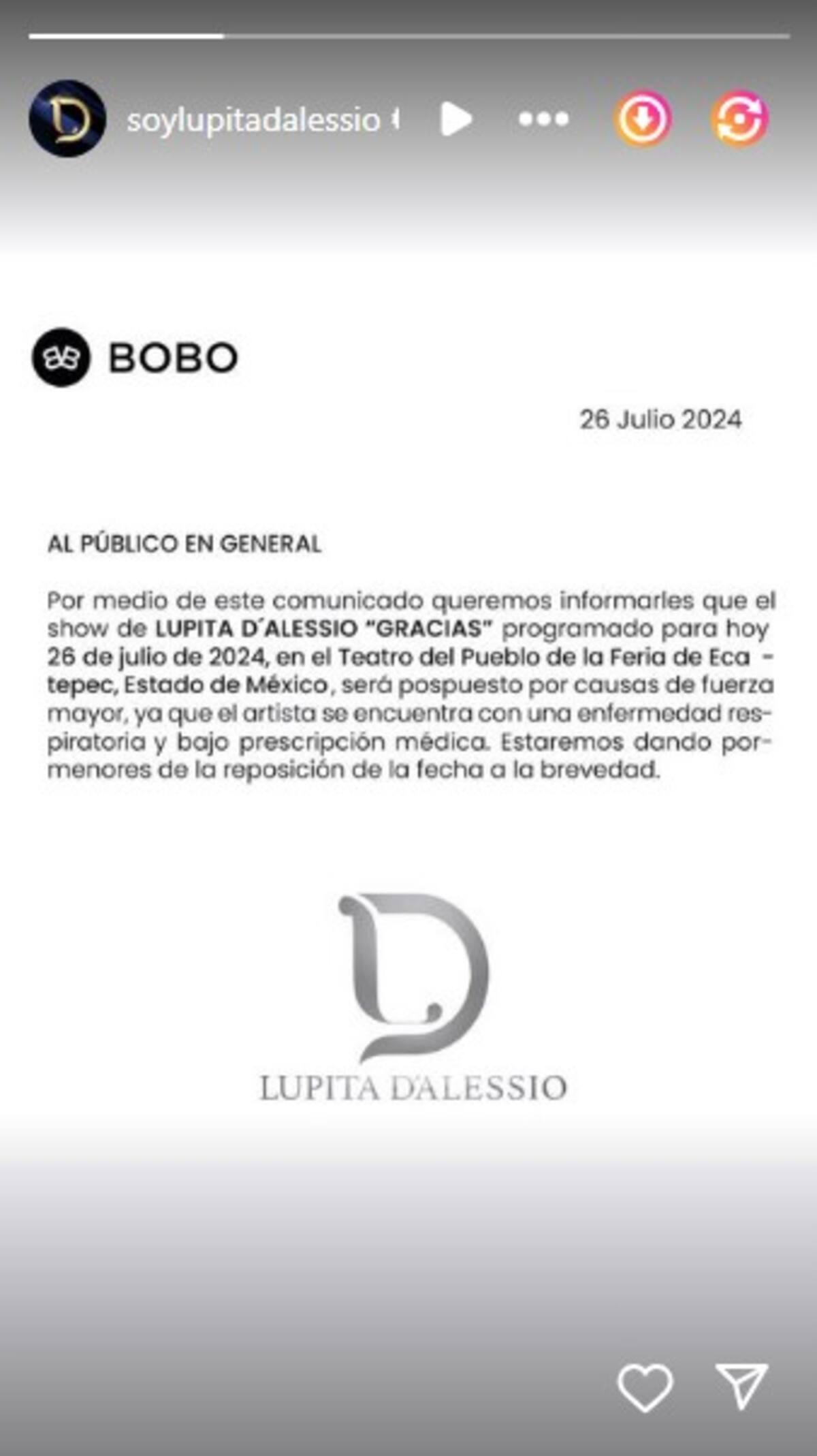 Lupita D'Alessio cancela concierto por problemas de salud / Instagram: @soylupitadalessio