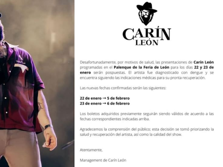 Carín León pospone conciertos en la Feria de León por diagnóstico de dengue; estas son las nuevas fechas