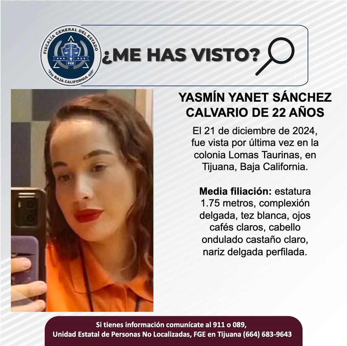 Yasmín Yanet Sánchez Calvario fue vista por última vez el 21 de diciembre de 2024.