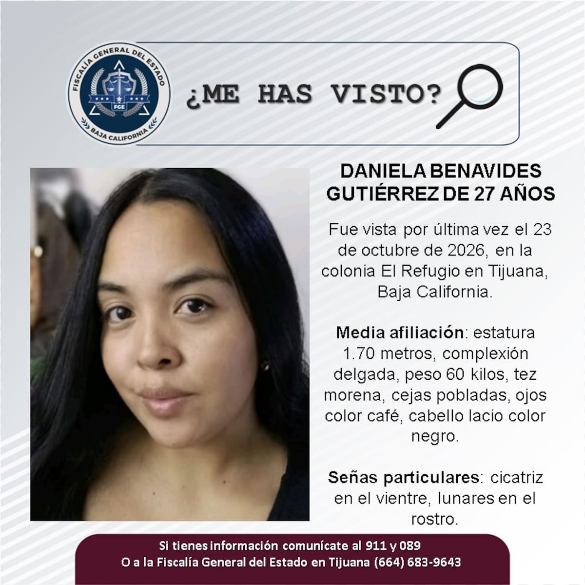 Daniela Benavides Gutiérrez fue vista por última vez el 23 de octubre en la colonia El Refugio, en Tijuana. Foto: Cortesía