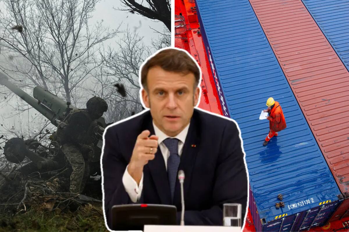 El presidente de Francia, Emmanuel Macron, advirtió sobre los peligros que representan Rusia, la dependencia a Estados Unidos en materia de defensa y los aranceles impuestos por Trump para Europa. | Crédito: REUTERS y canva