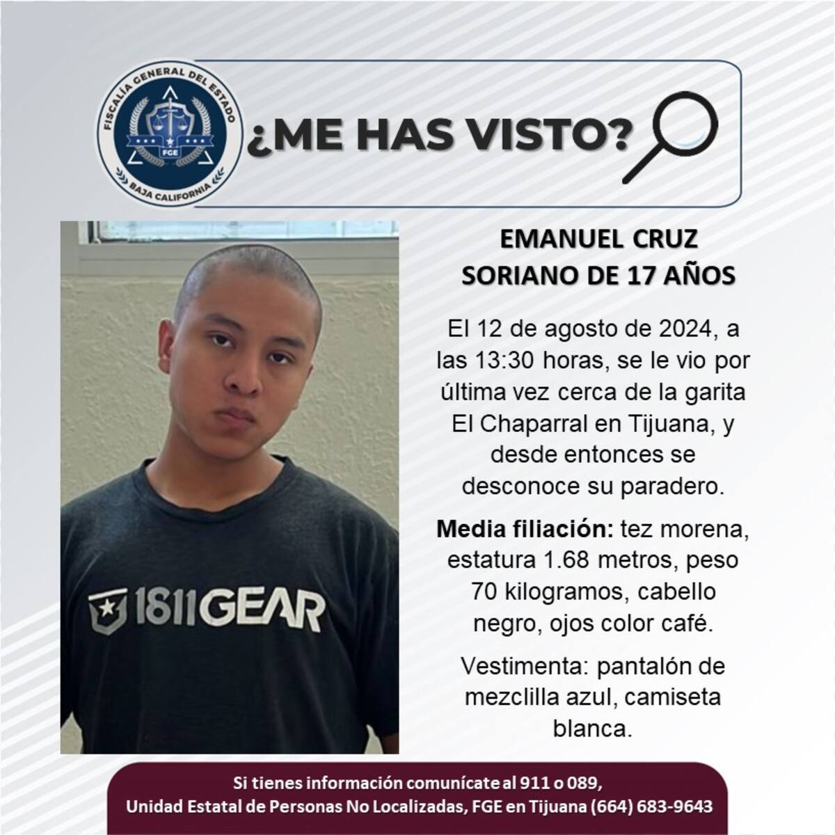 Emanuel Cruz Soriano fue visto por última vez el 12 de agosto de 2024.