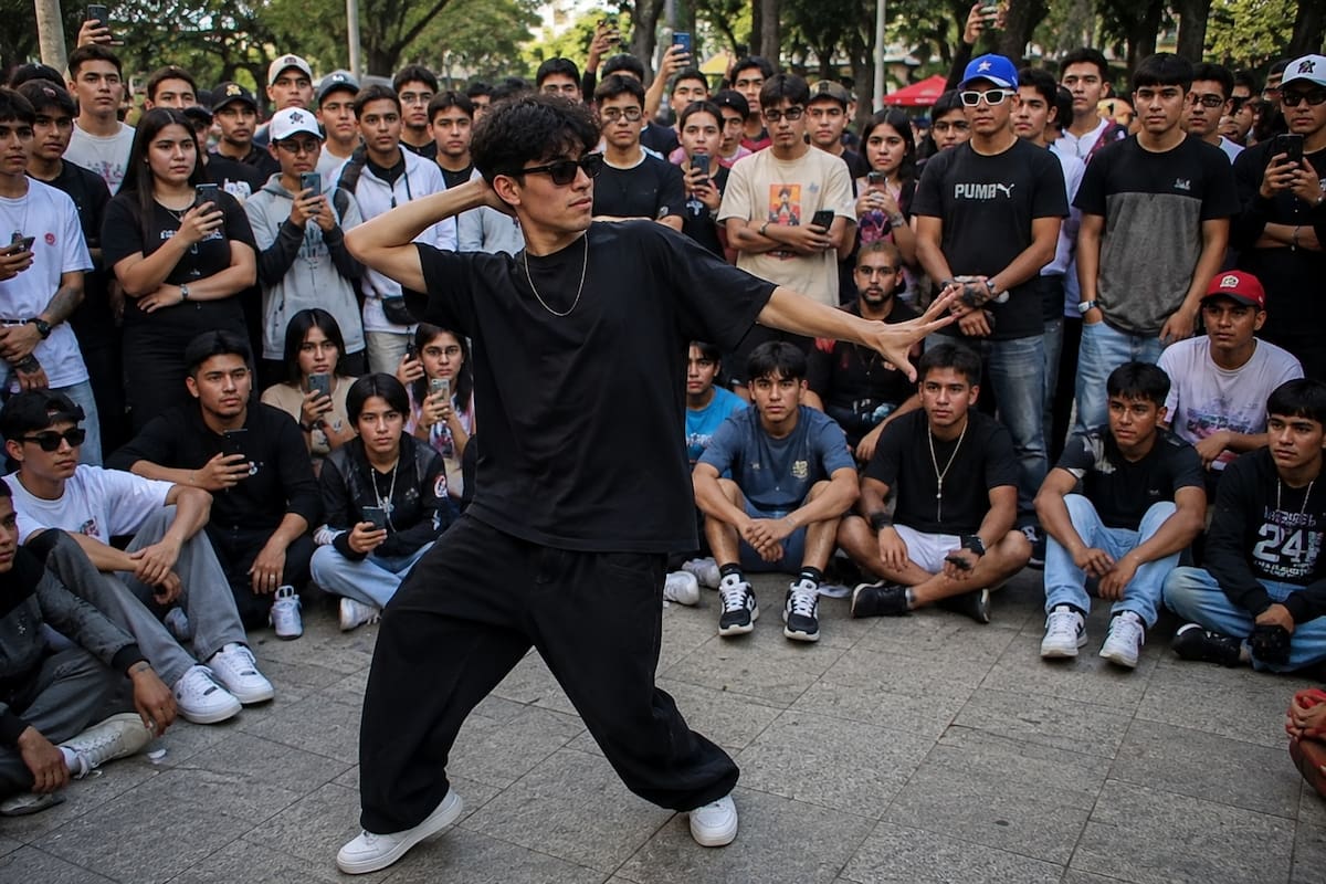 Las llamadas batallas o torneos de aura colocan generalmente a dos participantes frente al público. Cada uno intenta generar una mayor reacción mediante su expresión corporal. | Imagen creada con IA de ChatGPT