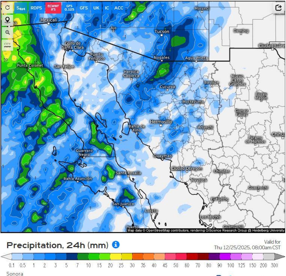 San Luis Río Colorado y Nogales presentan las mayores probabilidades de lluvia durante Nochebuena y Navidad. FOTO: CEPC