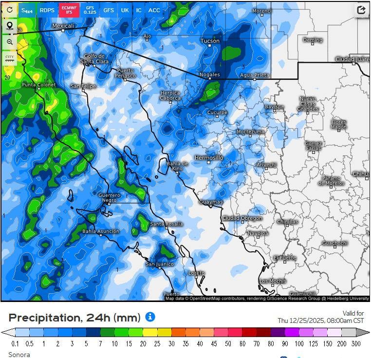 San Luis Río Colorado y Nogales presentan las mayores probabilidades de lluvia durante Nochebuena y Navidad. FOTO: CEPC