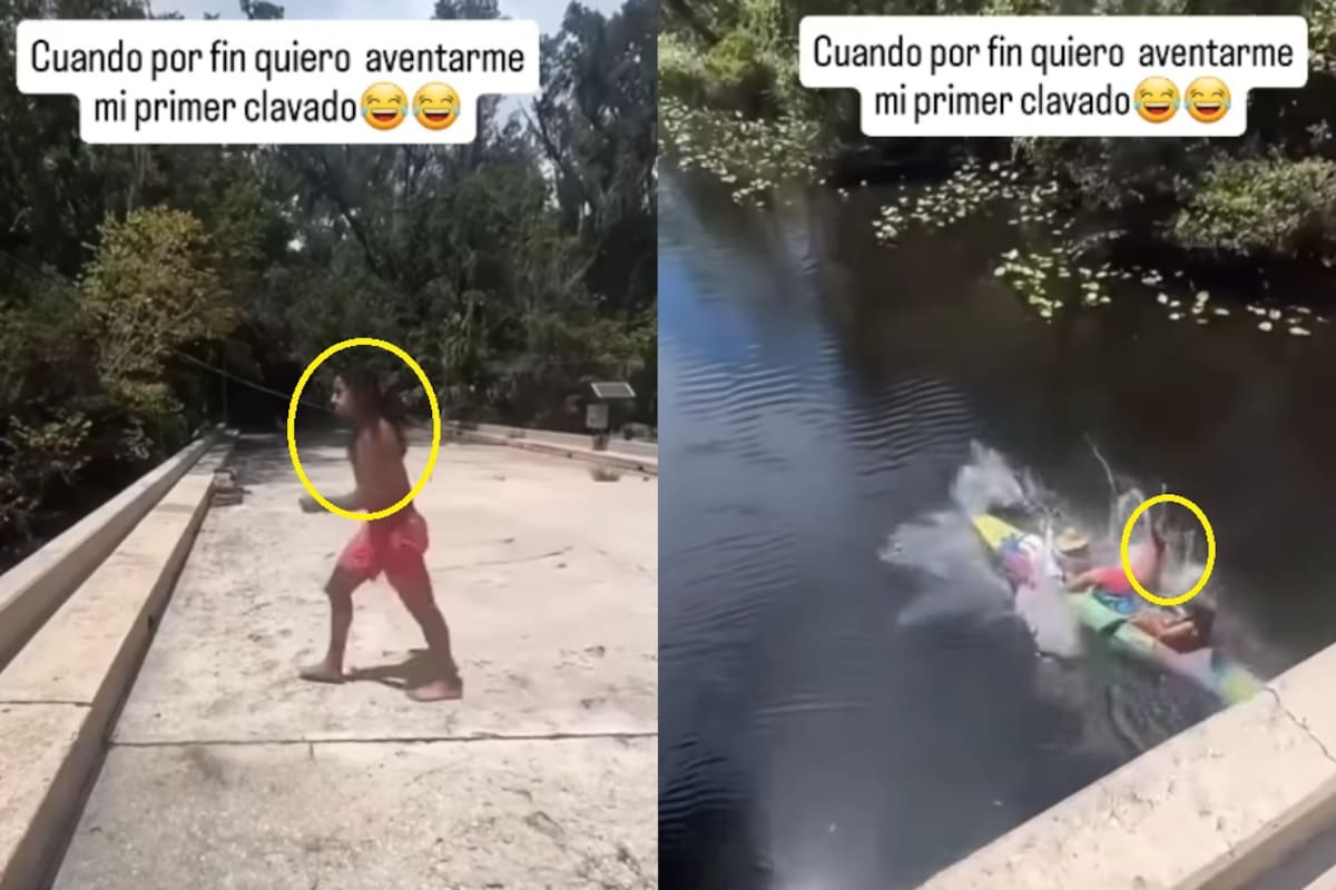 “La vida del salado no tiene descanso.”: Hombre intenta clavado desde una estructura hacia un rió y termina cayendo sobre una familia que paseaba en un bote
